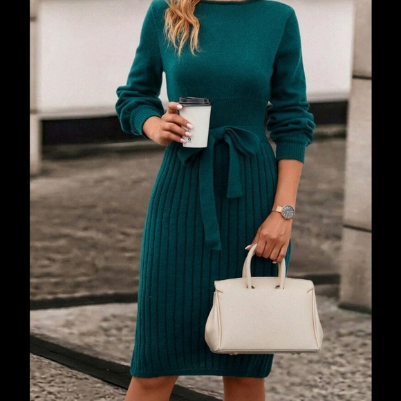 Solid Ribbed Knit Belted Sweater Dress - Picture 3 of 6